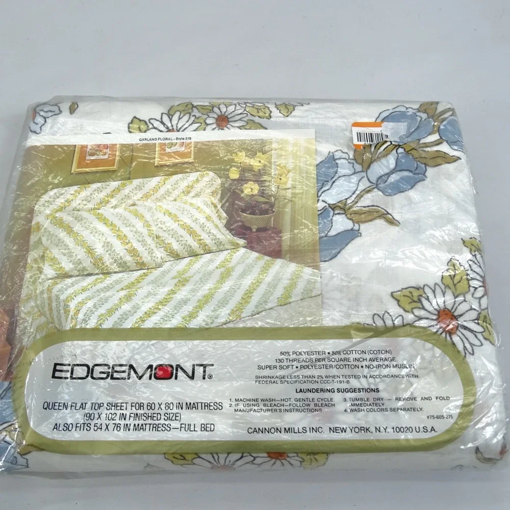 Vintage Edgemont No-Iron Muslin Queen Flat Sheet Garland Floral‎ USA Made New